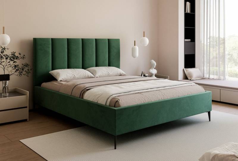 Goldstoff Polsterbett Modernes Bett mit hohem Kopfteil und integriertem Bettkasten, Elegantes Bett mit Stauraum und wählbarer Kopfteilhöhe von Goldstoff