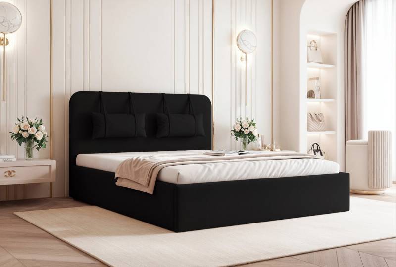 Goldstoff Polsterbett Modernes Schlafzimmerbett mit elegantem Kopfteil und Stauraum, Luxuriöses Bett mit gepolstertem Kopfteil und großem Stauraum von Goldstoff