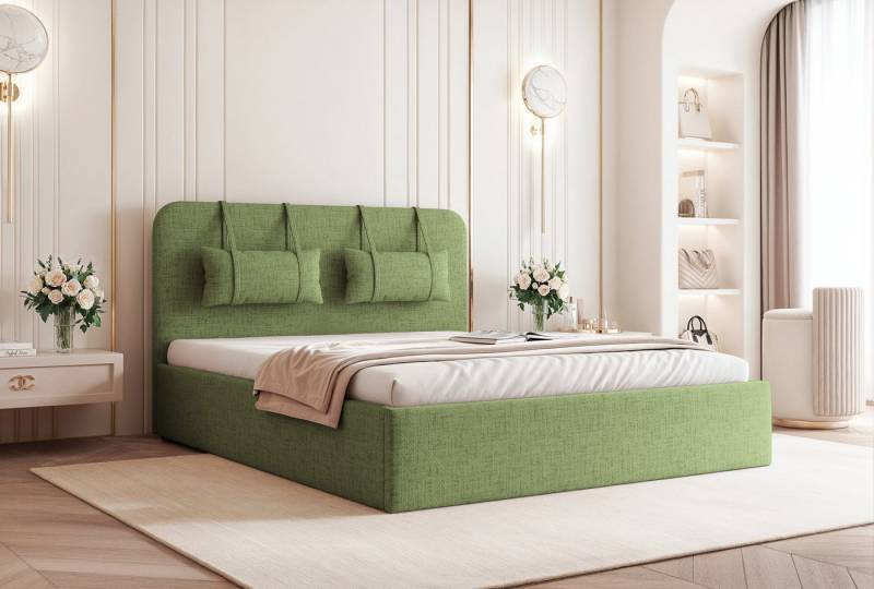Goldstoff Polsterbett Modernes Schlafzimmerbett mit elegantem Kopfteil und Stauraum, Luxuriöses Bett mit gepolstertem Kopfteil und großem Stauraum von Goldstoff