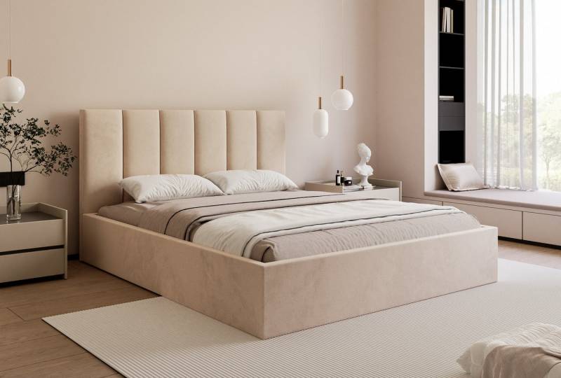 Goldstoff Polsterbett mit Stauraum & elegantem Kopfteil - modernes Stauraumbett (mit Bettkasten, Bett verfügbar in 120x200 140x200 160x200 180x200 200x200cm), Elegantes Polsterbett mit Stauraum & komfortabel gepolstertem Kopfteil von Goldstoff