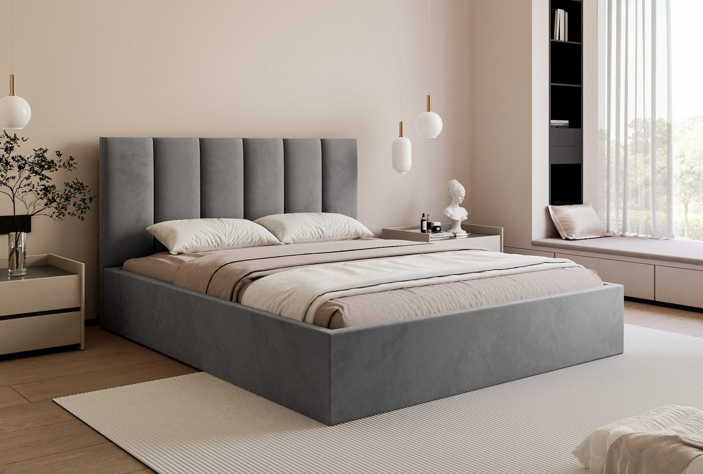 Goldstoff Polsterbett mit Stauraum & elegantem Kopfteil - modernes Stauraumbett (mit Bettkasten, Bett verfügbar in 120x200 140x200 160x200 180x200 200x200cm), Elegantes Polsterbett mit Stauraum & komfortabel gepolstertem Kopfteil von Goldstoff
