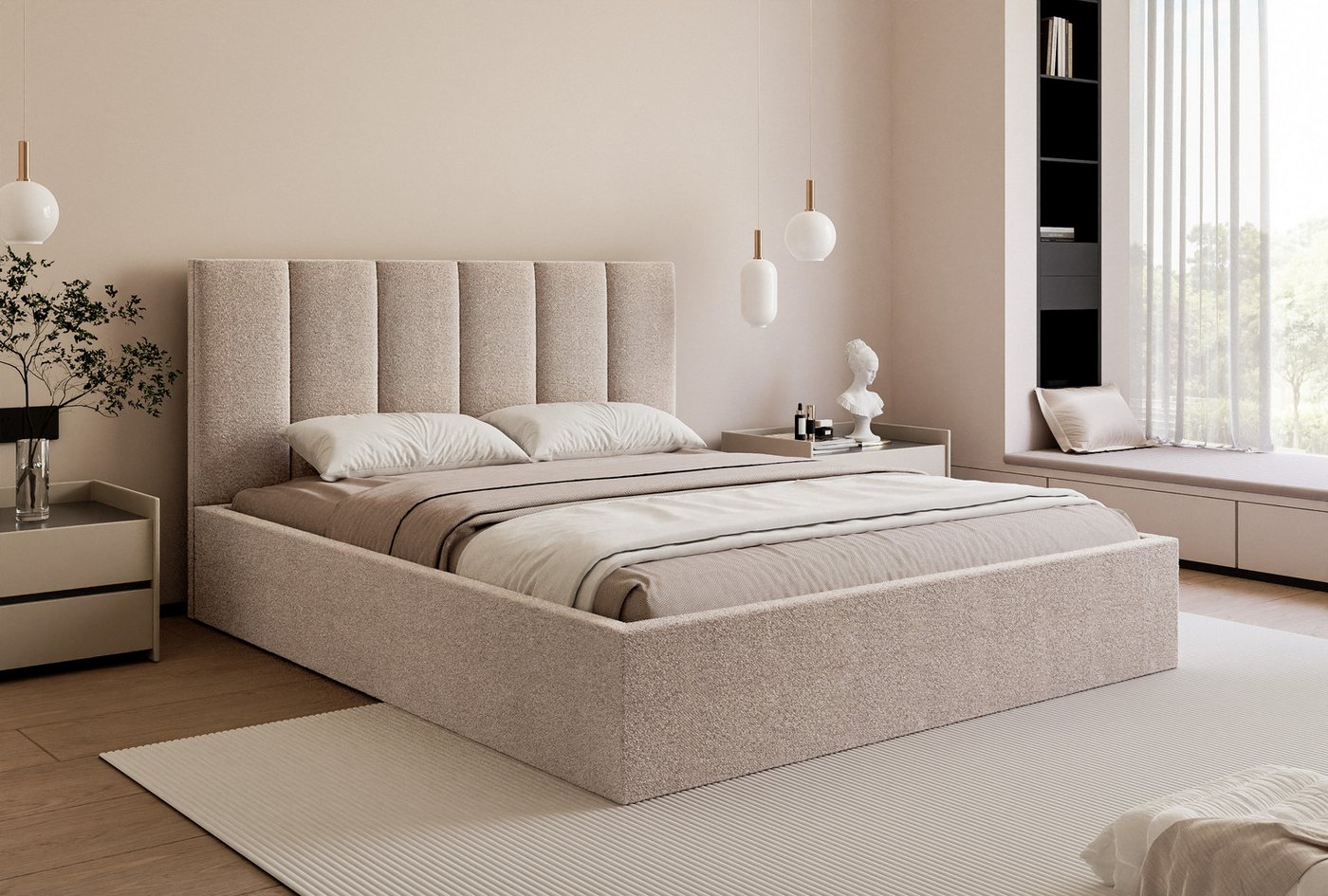 Goldstoff Polsterbett mit Stauraum & elegantem Kopfteil - modernes Stauraumbett (mit Bettkasten, Bett verfügbar in 120x200 140x200 160x200 180x200 200x200cm), Elegantes Polsterbett mit Stauraum & komfortabel gepolstertem Kopfteil von Goldstoff