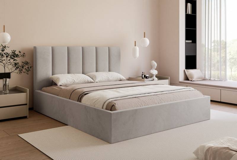 Goldstoff Polsterbett mit Stauraum & elegantem Kopfteil - modernes Stauraumbett (mit Bettkasten, Bett verfügbar in 120x200 140x200 160x200 180x200 200x200cm), Elegantes Polsterbett mit Stauraum & komfortabel gepolstertem Kopfteil von Goldstoff