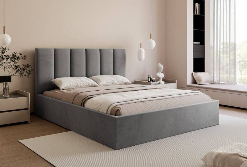 Goldstoff Polsterbett mit Stauraum & elegantem Kopfteil - modernes Stauraumbett (mit Bettkasten, Bett verfügbar in 120x200 140x200 160x200 180x200 200x200cm), Elegantes Polsterbett mit Stauraum & komfortabel gepolstertem Kopfteil von Goldstoff