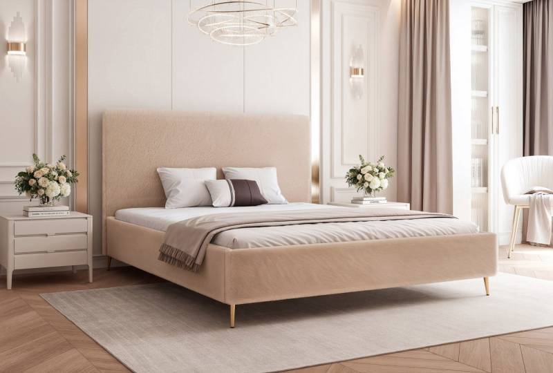 Goldstoff Polsterbett "SOLARE" mit hohem Rahmen und praktischem Bettkasten (Stauraumbett, Doppelbett 120x200 cm bis 200x200 cm), modernes Schlafzimmerbett mit Stauraum von Goldstoff