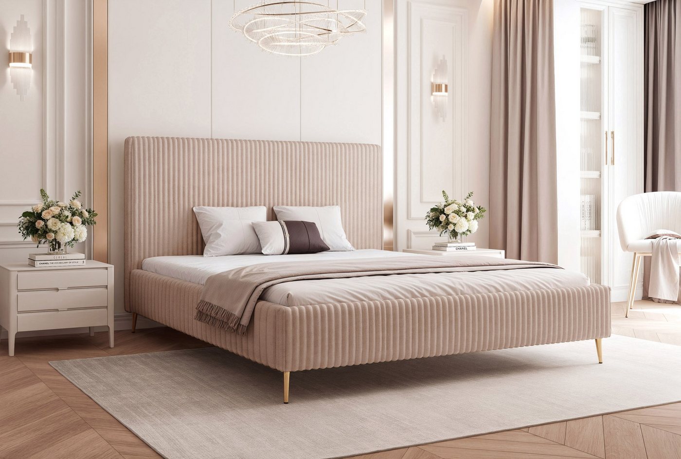 Goldstoff Polsterbett "SOLARE" mit hohem Rahmen und praktischem Bettkasten (Stauraumbett, Doppelbett 120x200 cm bis 200x200 cm), modernes Schlafzimmerbett mit Stauraum von Goldstoff