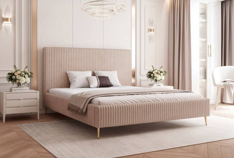 Goldstoff Polsterbett "SOLARE" mit hohem Rahmen und praktischem Bettkasten (Stauraumbett, Doppelbett 120x200 cm bis 200x200 cm), modernes Schlafzimmerbett mit Stauraum von Goldstoff