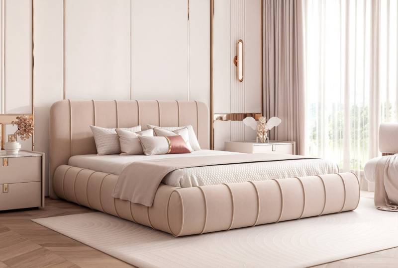 Goldstoff Polsterbett VERONA – Elegantes Bett mit hohem Kopfteil und Stauraumfunktion, Stilvolles Schlafbett mit Kopfteil und integriertem Bettkasten von Goldstoff