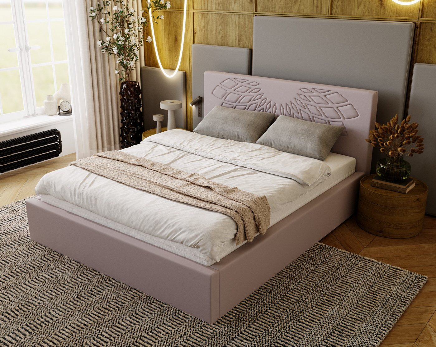 Goldstoff Polsterbett mit Bettkasten - Doppelbett LOTUS - Bettgestell (Bett verfügbar in 4 Größen: 140x200 160x200 180x200 200x200cm, Lattenrost), mit gepolstertem Kopfteil von Goldstoff