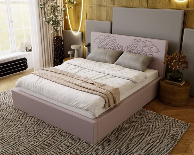 Goldstoff Polsterbett mit Bettkasten - Doppelbett LOTUS - Bettgestell (Bett verfügbar in 4 Größen: 140x200 160x200 180x200 200x200cm, Lattenrost), mit gepolstertem Kopfteil von Goldstoff