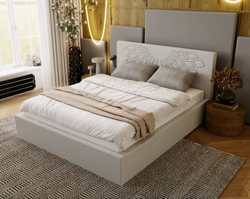 Goldstoff Polsterbett mit Bettkasten - Doppelbett LOTUS - Bettgestell (Bett verfügbar in 4 Größen: 140x200 160x200 180x200 200x200cm, Lattenrost), mit gepolstertem Kopfteil von Goldstoff