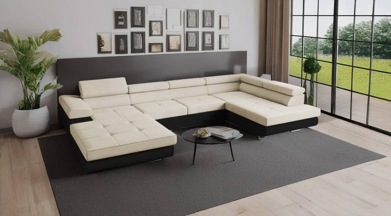 Goldstoff Wohnlandschaft RELAX U Ecksofa mit Schlaffunktion, Kunstleder & Samt, 345 × 205 cm, zwei Bettkästen, verstellbare Kopfstützen von Goldstoff