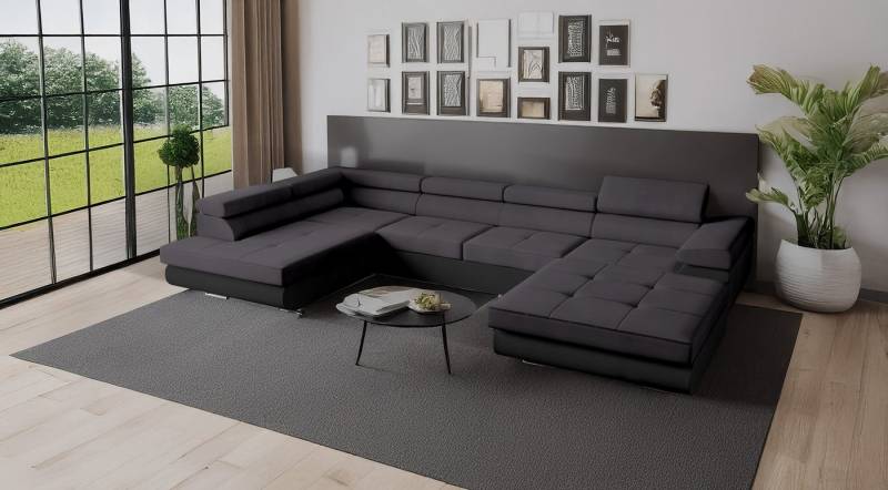 Goldstoff Wohnlandschaft RELAX U Ecksofa mit Schlaffunktion, Kunstleder & Samt, 345 × 205 cm, zwei Bettkästen, verstellbare Kopfstützen von Goldstoff