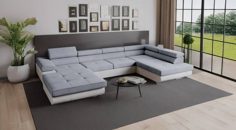 Goldstoff Wohnlandschaft RELAX U Ecksofa mit Schlaffunktion, Kunstleder & Samt, 345 × 205 cm, zwei Bettkästen, verstellbare Kopfstützen von Goldstoff