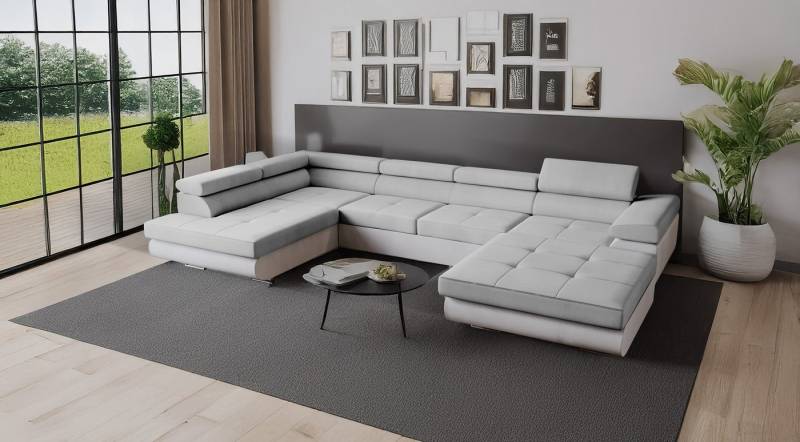 Goldstoff Wohnlandschaft RELAX U Ecksofa mit Schlaffunktion, Kunstleder & Samt, 345 × 205 cm, zwei Bettkästen, verstellbare Kopfstützen von Goldstoff