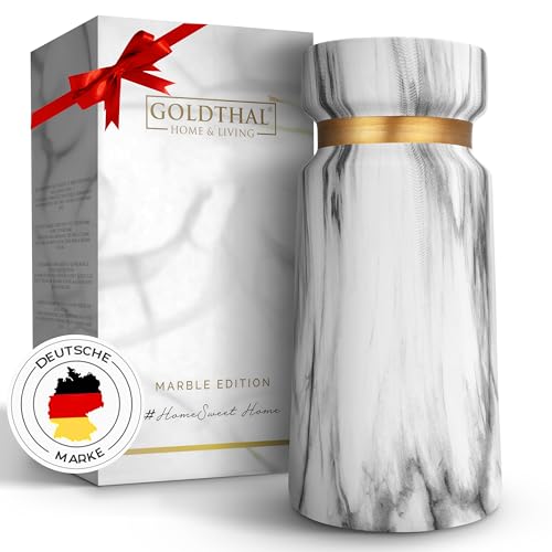 Goldthal® Premium Vase für Pampasgras,Trockenblume, Blumen aus Keramik im Boho Style H22cm - weiße Marmor-Optik schlicht & modern -Deko-Elementen -mit Goldring von Goldthal