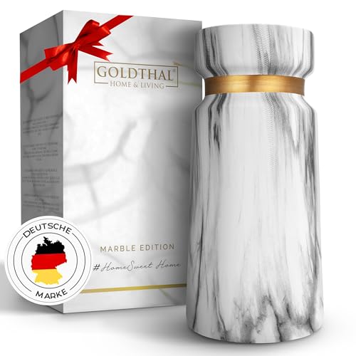 Goldthal® Premium Vase aus Keramik im Boho Style für Blumen, Pampasgras,Trockenblume, H22cm - weiße Marmor-Optik schlicht & modern -Deko-Elementen -mit Goldring von Goldthal