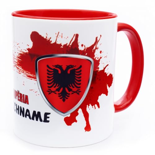 Albanien Shqipëria Tasse mit Namen personalisiert Albania Wappen albanische Flagge Fahnen Fanartikel Spruch Getränke Becher Geschenk Mann Geburtstag shqiptare Kupa turi Fussball Produkt Keramik 330 ml von Golebros