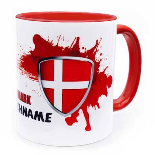 Dänemark Danmark Tasse mit Namen personalisiert Denmark Wappen dänische Flagge Fahnen Fanartikel Spruch Getränke Becher Geschenk Mann Frau Geburtstag Fussball dansk krus Kop Produkte Keramik 330 ml von Golebros