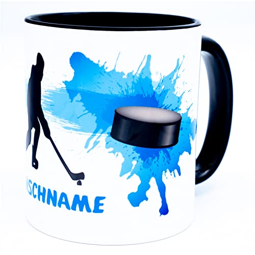 Eishockey Tasse mit Namen personalisiert Ice Hockey Eishockeyspieler Becher Geschenk Deko Geschenkideen Fanartikel Zubehör Ausrüstung Equipment Mann Frau Kinder Erwachsene Trainer Keramik 330 ml von Golebros