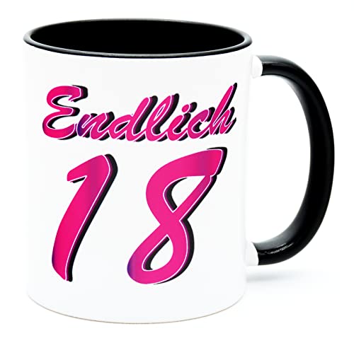 Endlich 18 Tasse Becher Geschenk Achtzehnter Geburtstag Gag zum 18. Geburtstagsgeschenk für Mädchen Tochter Volljährig Geburtstagstasse Happy Birthday Deko Artikel Erwachsen Kaffeetasse Keramik 330 ml von Golebros