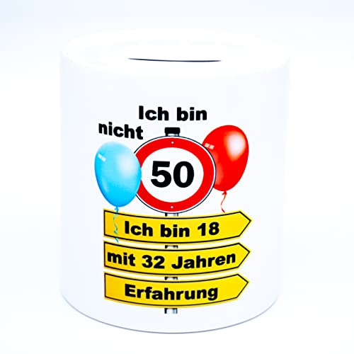 Ich bin nicht 50 bin 18 mit 32 Jahren Erfahrung Geldgeschenk lustig Spardose Sparschwein Sparbüchse Sparkasse Spaß Geld Geschenk Verpackung zum Geburtstag Geburtstagsgeschenk für Mann Frau Geschenkbox von Golebros