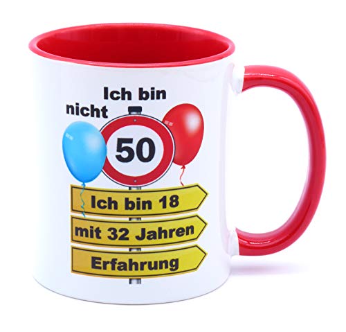 Ich bin nicht 50 bin 18 mit 32 Jahren Erfahrung Tasse Becher Kaffeebecher Kaffeetasse Geschenk zum Geburtstag Geburtstagsgeschenk für Mann Frau Geburtstagsdeko Deko Papa Mama Opa Oma Keramik 330 ml von Golebros