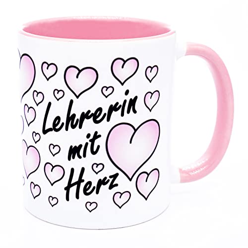 Lehrerin mit Herz Lehrerinnen Kaffeetasse Rosa Becher lustige Tasse Geburtstag Geschenke für Abschied Geschenkidee witzige Lehrergeschenke Abschluss homeschooling zum coole Lehrer kleines Dankeschön von Golebros