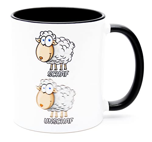 Schaf Unschaf Kaffee Tasse Tee Becher Geschenk Deko Zubehör Geschenkideen Arbeit Büro Spruch Lustig Arbeitskollege Arbeitskollegin Landwirt Ironisch Wortspiel Zweideutig Schäfchen Tier Keramik 330 ml von Golebros