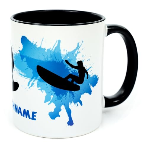 Surf Tasse mit Namen personalisiert Surfer Surferin Becher Geschenk zum Geburtstag Surfen Zubehör Damen Herren Frau Mann Kinder Erwachsene Equipment Wassersport Surfing Deko Gadget Keramik 330 ml von Golebros