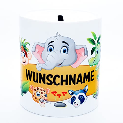 Tier Safari Spardose mit Namen personalisiert Sparbüchse Kinder Sparschwein Sparkasse Kinderspardose Taschengeld Geburtstag Geschenk Taufe Jugendweihe Junge Mädchen Baby Geldgeschenk Zoo Keramik Weiß von Golebros