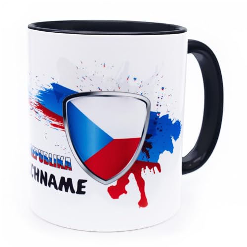 Tschechien Česká republika Tasse mit Namen personalisiert Czech Republic Wappen tschechische Flagge Fahnen Fanartikel Spruch Getränke Becher Geschenk Mann Geburtstag Fussball Produkte Keramik 330 ml von Golebros