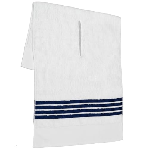 Golf Guys The Tour Towel (Weiß mit blauen Streifen), großes Golf-Caddy-Handtuch, Frottee, saugfähig, 48,3 x 111,8 cm, mittiger Schnitt, perfektes Golfwagen-Zubehör und Golftasche von Golf Guys