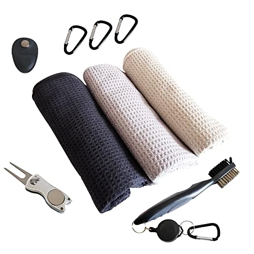 Golfhandtuch Magnetisch + Golf Club Bürste + Pitchgabel im Set - 3 x Golf Towel 60x40cm Mikrofaser Golfhandtücher Waffel Muster inklusive Magnet Clip (Pitchgabel Silber) von Golfball-Uhu