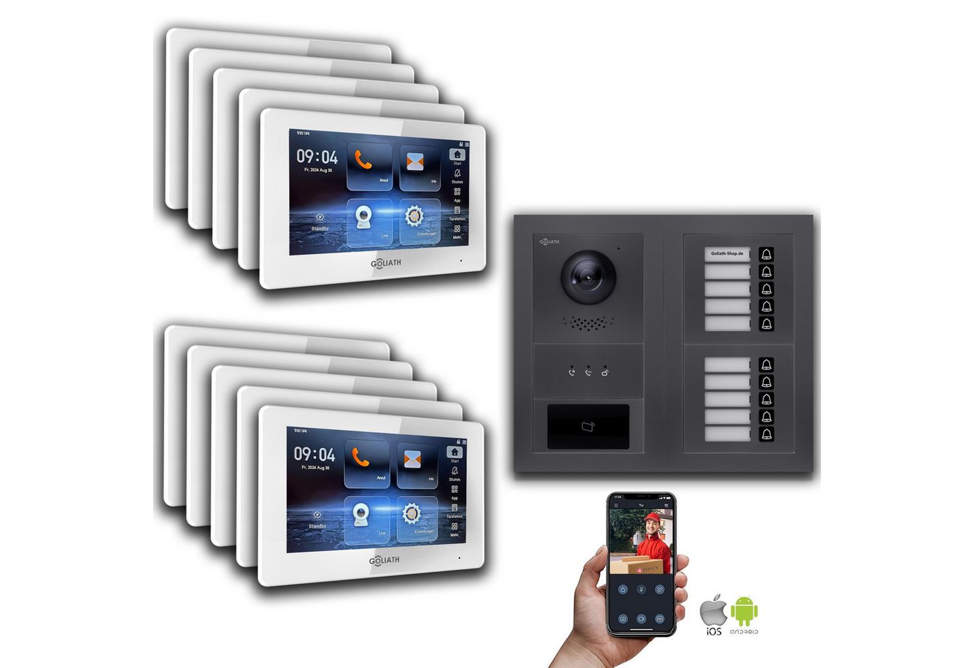 Goliath Intercom Video-Türsprechanlage Goliath 2-Draht BUS Video Türklingel: 10 Familienhaus, RFID, Anzeige, (Privat oder Gewerblich) von Goliath Intercom