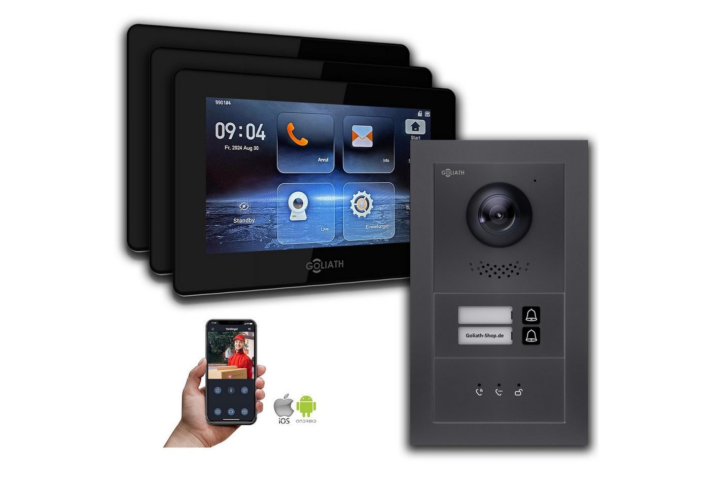Goliath Intercom Video-Türsprechanlage Goliath 2-Draht BUS Video Türklingel: 2 Fam. 3 Monitore, Anzeige, Anth (Privat oder Gewerblich) von Goliath Intercom