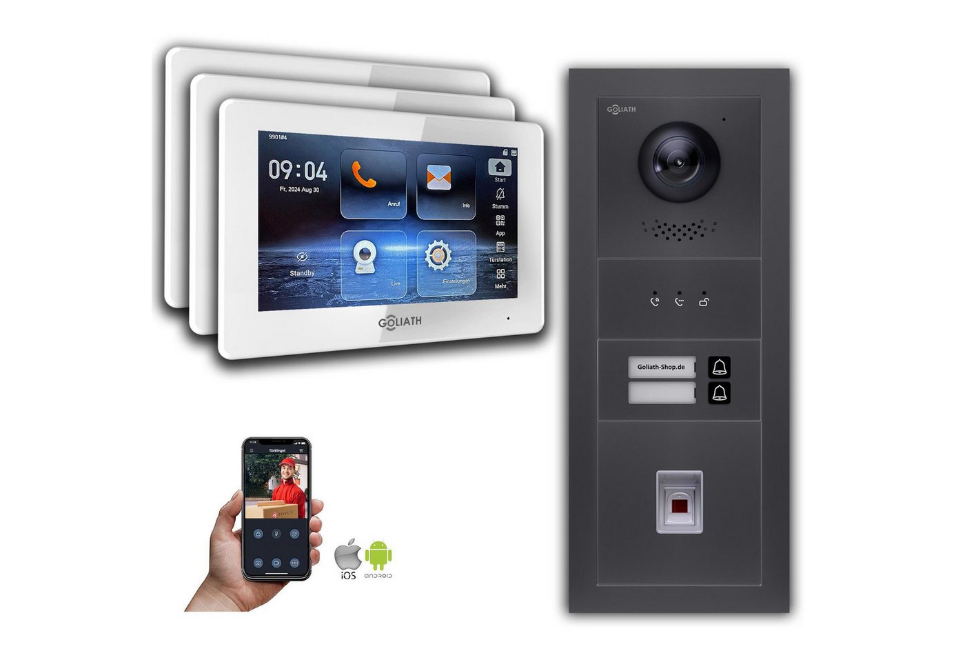Goliath Intercom Video-Türsprechanlage Goliath 2-Draht BUS Video Türklingel: 2 Fam. 3 Monitore, Fingerprint, (Privat oder Gewerblich) von Goliath Intercom