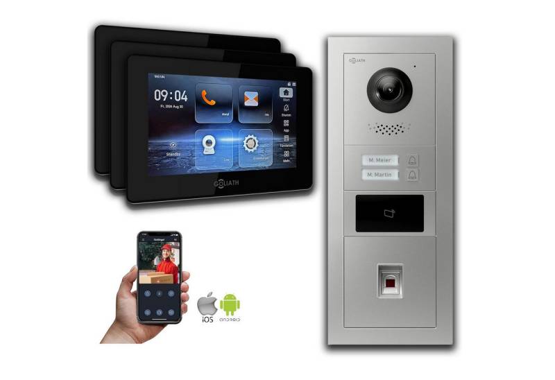 Goliath Intercom Video-Türsprechanlage Goliath 2-Draht BUS Video Türklingel: 2 Fam. 3 Monitore, Fingerprint, (Privat oder Gewerblich) von Goliath Intercom