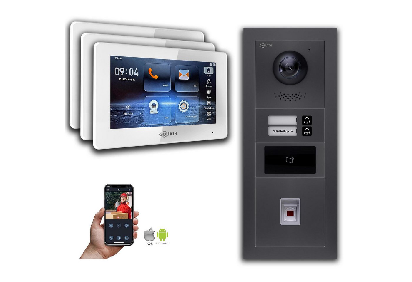 Goliath Intercom Video-Türsprechanlage Goliath 2-Draht BUS Video Türklingel: 2 Fam. 3 Monitore, Fingerprint, (Privat oder Gewerblich) von Goliath Intercom