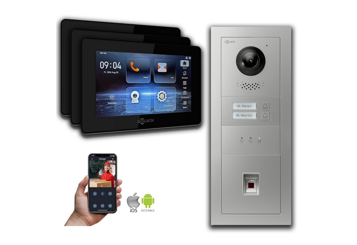 Goliath Intercom Video-Türsprechanlage Goliath 2-Draht BUS Video Türklingel: 2 Fam. 3 Monitore, Fingerprint, (Privat oder Gewerblich) von Goliath Intercom