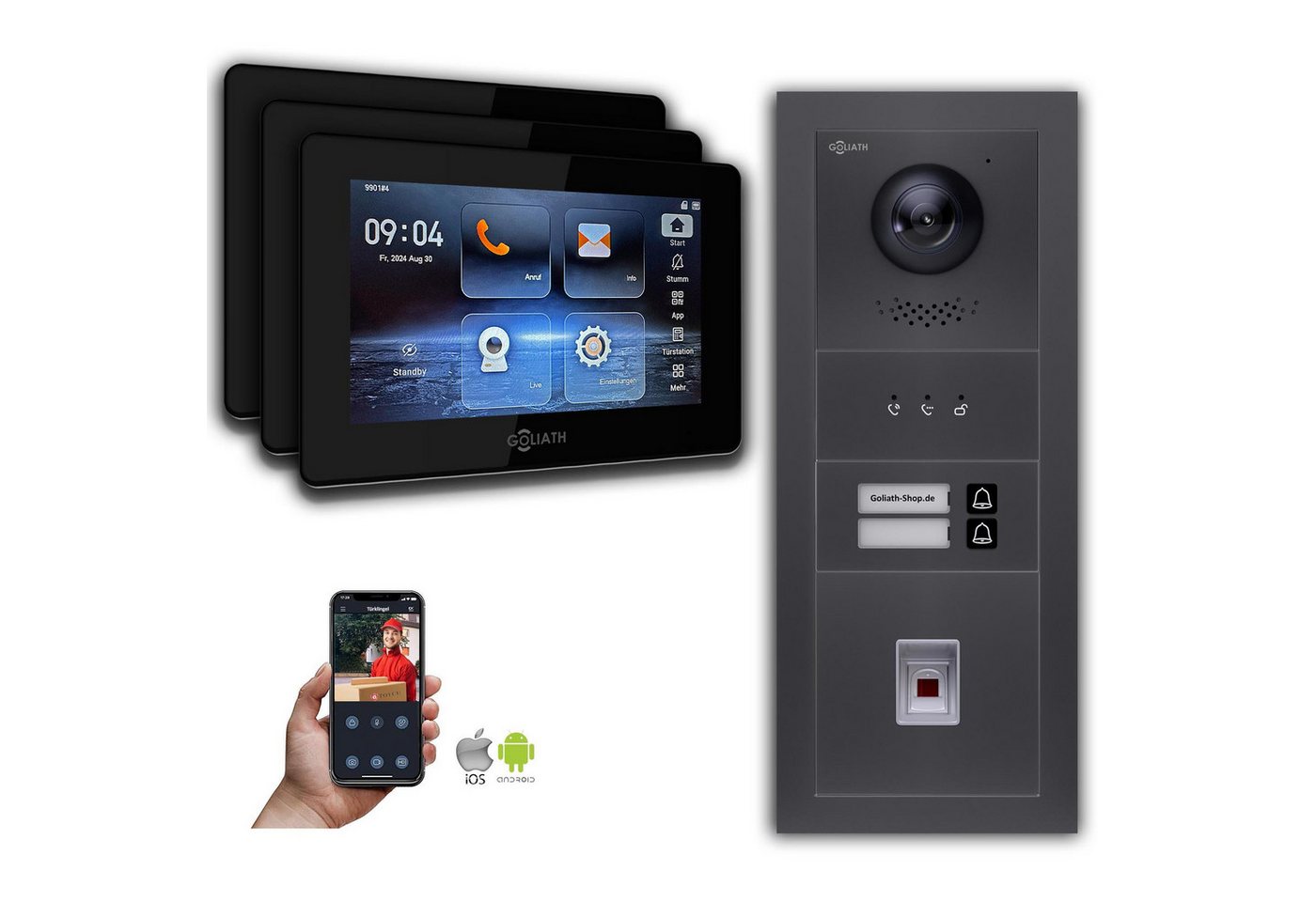 Goliath Intercom Video-Türsprechanlage Goliath 2-Draht BUS Video Türklingel: 2 Fam. 3 Monitore, Fingerprint, (Privat oder Gewerblich) von Goliath Intercom