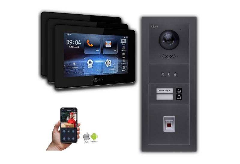 Goliath Intercom Video-Türsprechanlage Goliath 2-Draht BUS Video Türklingel: 2 Fam. 3 Monitore, Fingerprint, (Privat oder Gewerblich) von Goliath Intercom