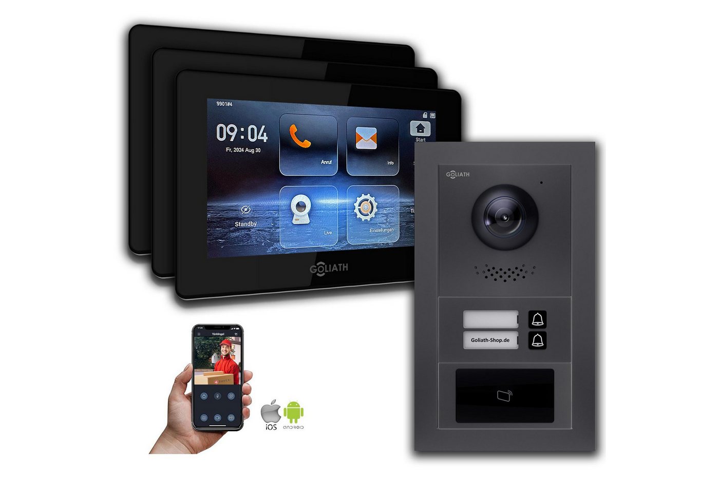 Goliath Intercom Video-Türsprechanlage Goliath 2-Draht BUS Video Türklingel: 2 Fam. 3 Monitore, RFID, Anthraz (Privat oder Gewerblich) von Goliath Intercom