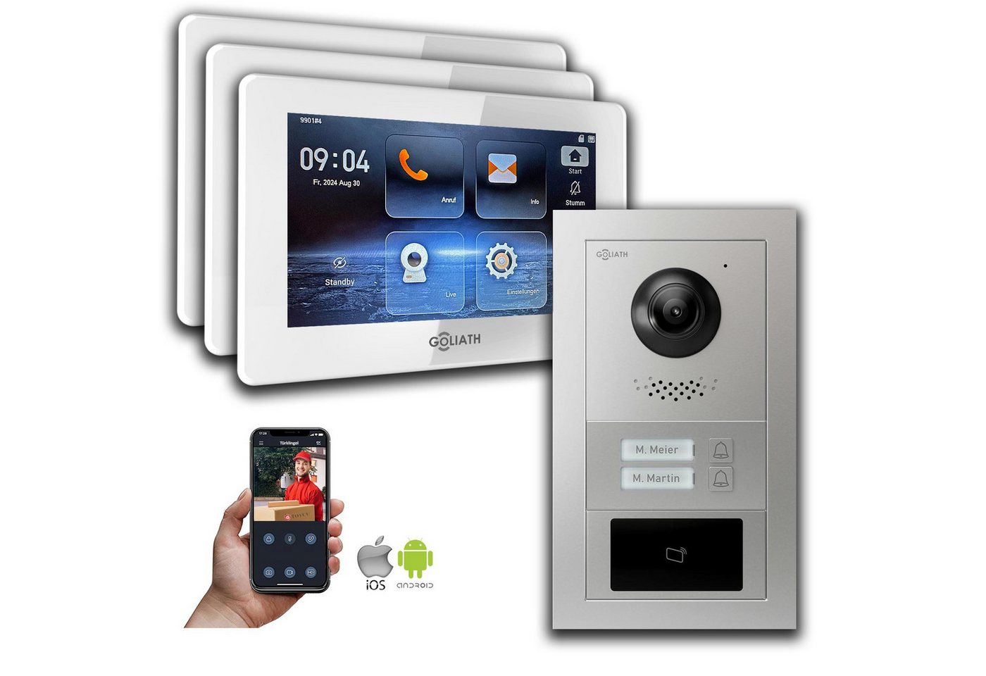 Goliath Intercom Video-Türsprechanlage Goliath 2-Draht BUS Video Türklingel: 2 Fam. 3 Monitore, RFID, Silber (Privat oder Gewerblich) von Goliath Intercom