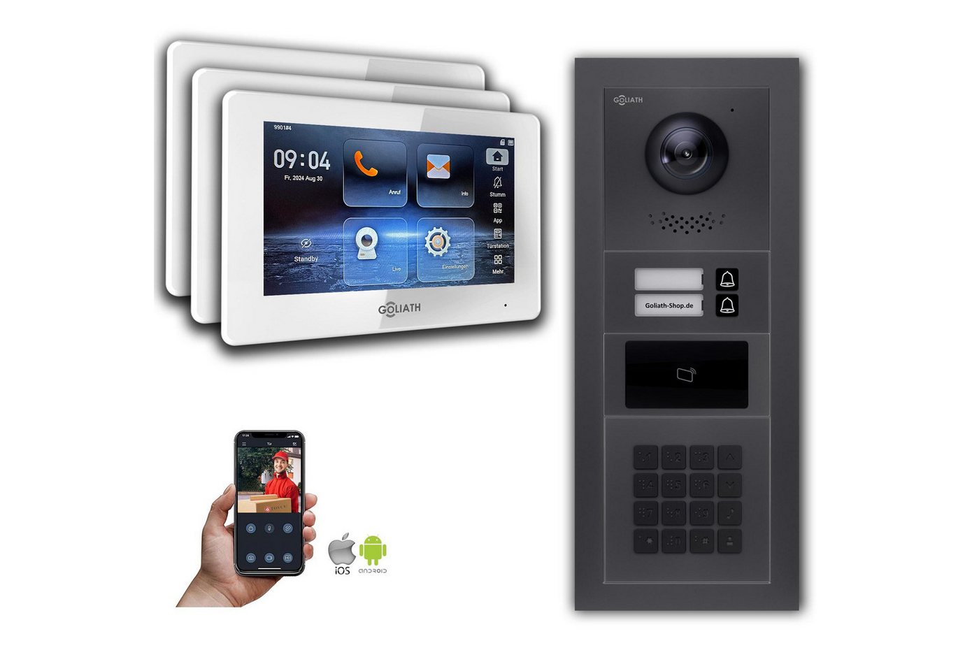 Goliath Intercom Video-Türsprechanlage Goliath 2-Draht BUS Video Türsprechanlage: 2 Fam. 3 Monitore, RFID, Za (Privat oder Gewerblich) von Goliath Intercom