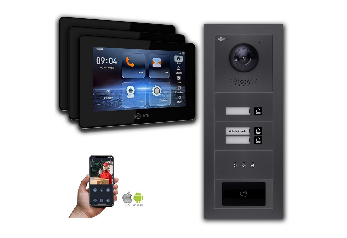 Goliath Intercom Video-Türsprechanlage Goliath 2-Draht BUS Video Türsprechanlage: 3 Familienhaus, RFID, Anzei (Privat oder Gewerblich) von Goliath Intercom