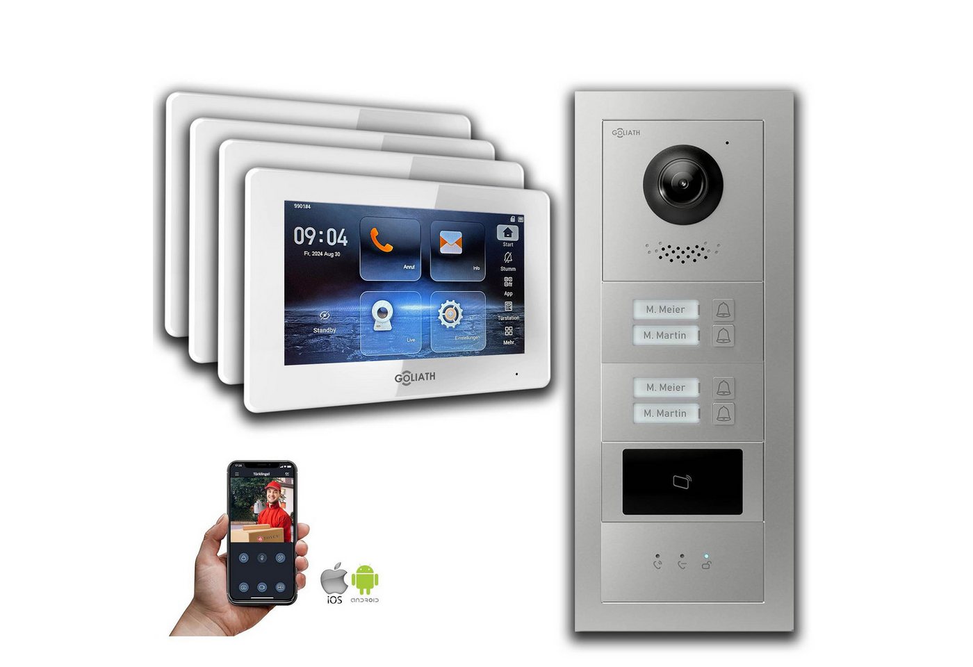 Goliath Intercom Video-Türsprechanlage Goliath 2-Draht BUS Video Türsprechanlage: 4 Familienhaus, RFID, Anzei (Privat oder Gewerblich) von Goliath Intercom