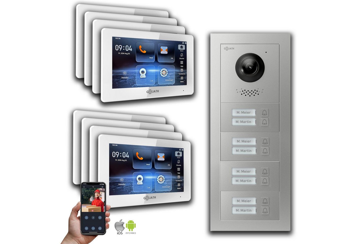 Goliath Intercom Video-Türsprechanlage Goliath 2-Draht BUS Video Türsprechanlage: 8 Familienhaus, Smartphone (Privat oder Gewerblich) von Goliath Intercom