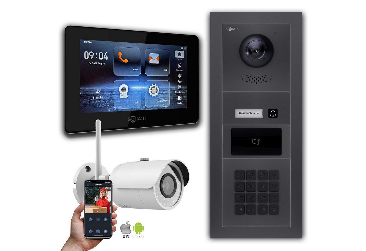 Goliath Intercom Video-Türsprechanlage Goliath 2-Draht Video Türklingel: 7-Zoll 1 Monitor, RFID, Zahlencode, (Privat oder Gewerblich) von Goliath Intercom