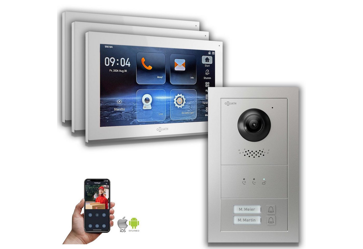 Goliath Intercom Video-Türsprechanlage Goliath IP Video Türsprechanlage: 10-Zoll 3 Monitore 2 Fam., Anzeige, (Privat oder Gewerblich) von Goliath Intercom
